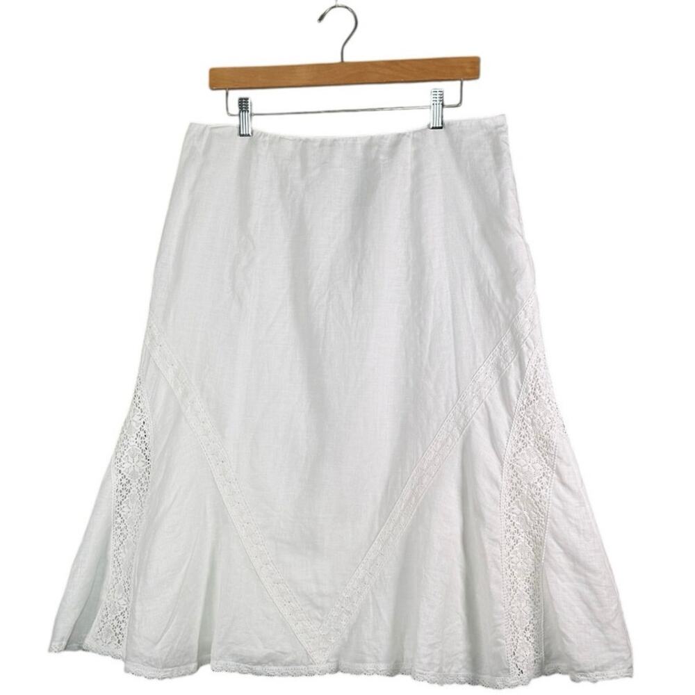 White Linen A-Line Skirt Lace Panels Size 12 Boho Coastal Clean Girl